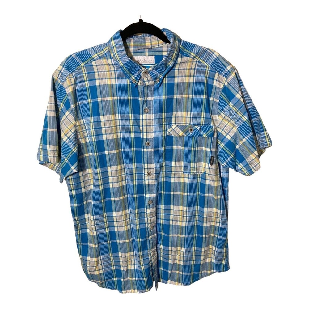 Columbia Button Front Shirt Adult Large Blue Plaid Pocket Logo Short Sleeve